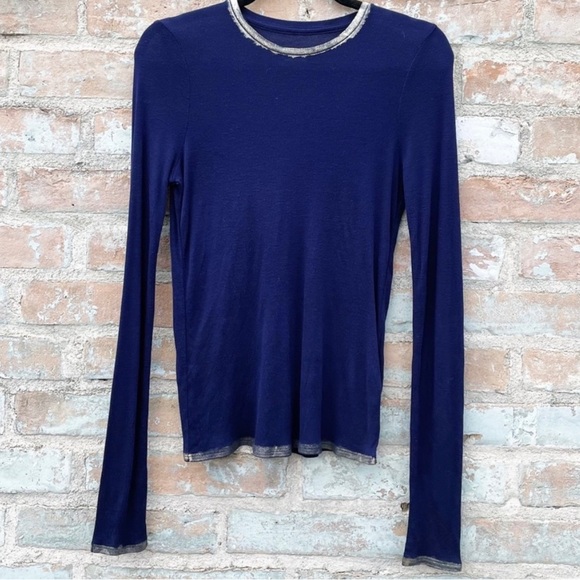 NWOT Zadig & Voltaire Willy Foil T-Shirt Navy Long Sleeve Silver Foil Tee, XS - Picture 6 of 14